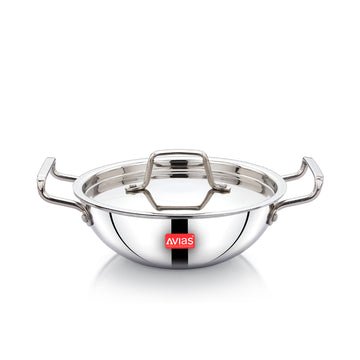 AVIAS AVI3 Triply Kadai, 20 / 22 / 24 / 26 cm Stainless Steel Kadhai with Lid, 3 Layer, Steel Casted Handles, Flat Bottom Kadhai with Induction Base, 2.5 Mm Thickness, 1.5 / 2 / 2.5 / 3.25 Litre Capacity